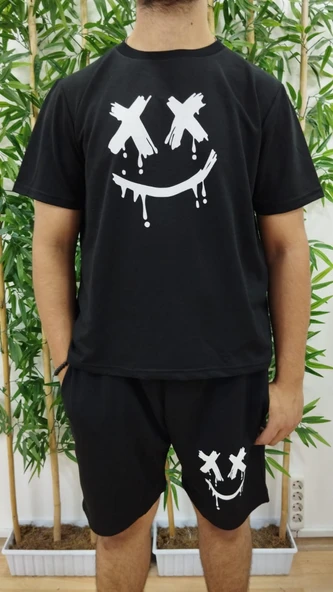 Erkek Kısa Kollu Bisiklet Yaka Baskılı Tişört Ipli Short Iki Iplik Takım - Resim 4