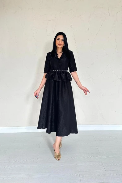 Siyah İnce Kemerli Fırfırlı Ceket Ve Büzgülü Etek Takım ürün görseli 1