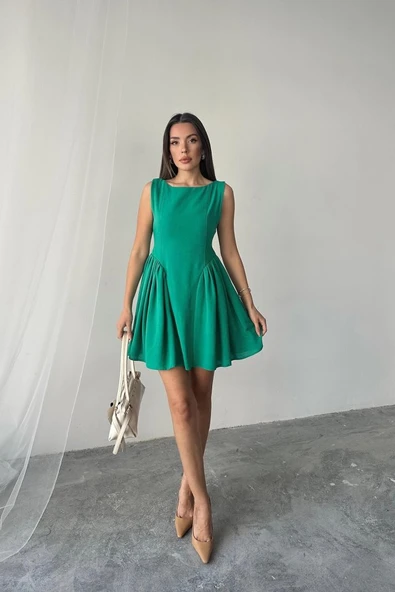 Yeşil Mini Boy Büzgülü Keten Elbise - 1