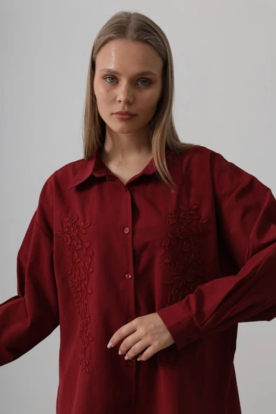 Boncuk Nakış Detaylı Uzun Gömlek - Bordo - Resim 3