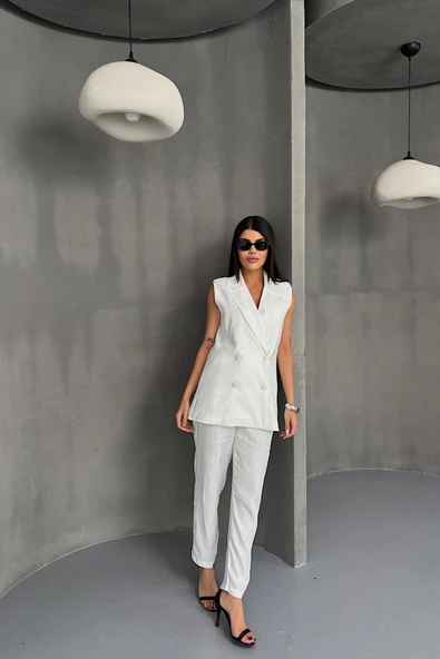 JAKAR KUMAŞ YELEK - PANTOLON TAKIM - Beyaz - Resim 3