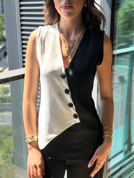 Kadın Sıfır Kol V Yakalı Düğmeli Blok Renkli Atlas Yelek - Resim 2