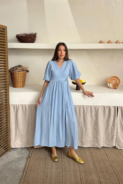 Bebe Mavi Müslin Uzun Elbise - Resim 4