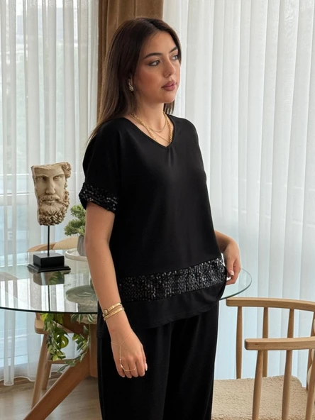 Kadın Kısa Kollu V Yakalı Pul Payetli Viskon Iki Iplik Bluz Ve Pantolon Ikili Takım - Resim 2