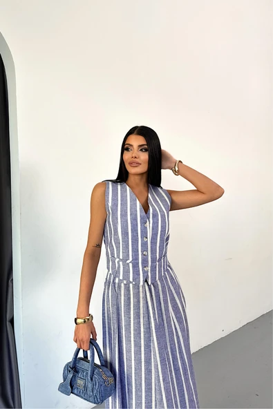 KETEN ÇİZGİLİ YELEK - UZUN ETEK TAKIM - Mavi - 3