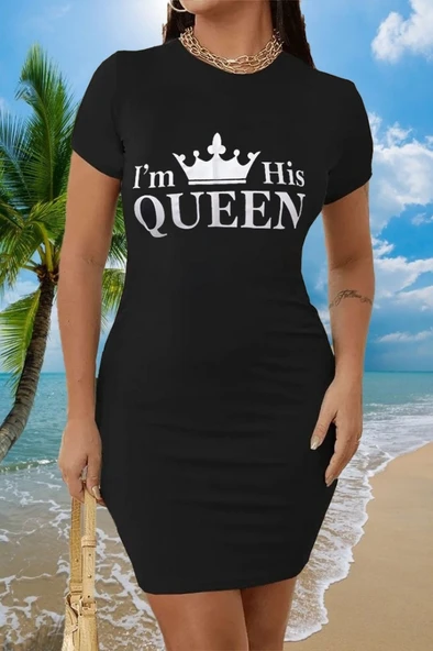 Kadın Kısa Kollu Queen Baskı Iki Iplik Mini Elbise - Resim 6