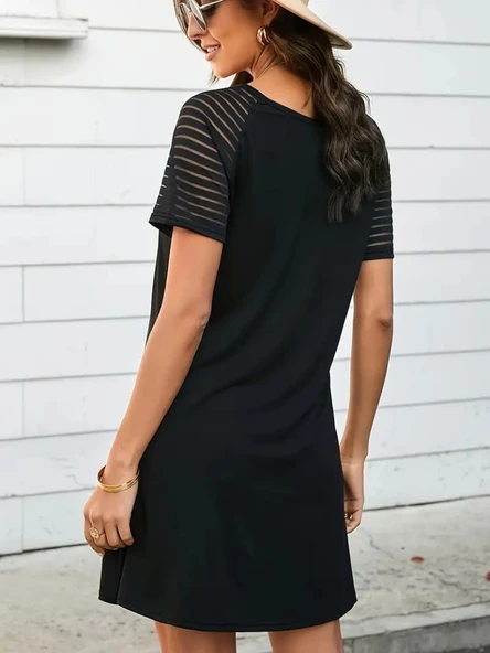 Kadın Kısa Kollu Yuvarlak Yaka şerit Kol Detaylı Viskon Elbise - Resim 3