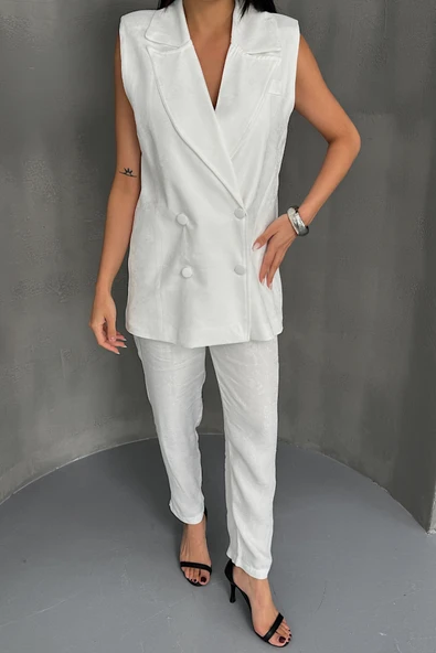 JAKAR KUMAŞ YELEK - PANTOLON TAKIM - Beyaz - Resim 4