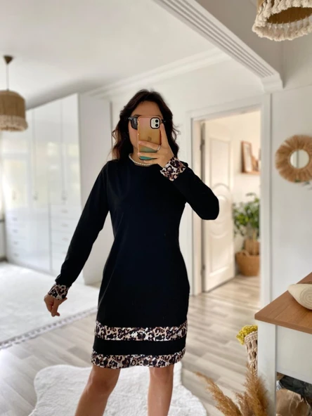 Kadın Uzun Kollu Bisiklet Yaka şerit Leopar Desenli Dalgıç Elbise - Resim 3