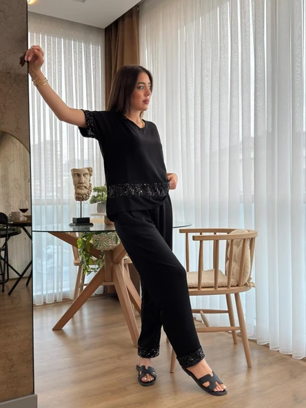 Kadın Kısa Kollu V Yakalı Pul Payetli Viskon Iki Iplik Bluz Ve Pantolon Ikili Takım - Resim 3