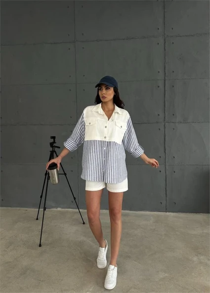 GABARDİN ŞORT - GABARDİN - ÇİZGİLİ KETEN GARNİLİ CEKET TAKIM - Lacivert ürün görseli 1