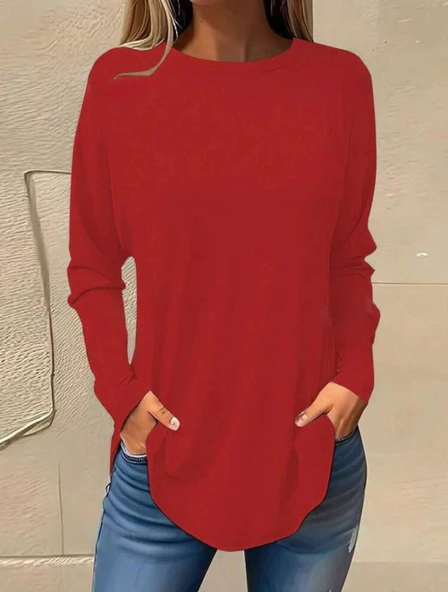 Kadın Uzun Kollu Yuvarlak Yaka Salaş Iki Iplik Bluz ürün görseli 1
