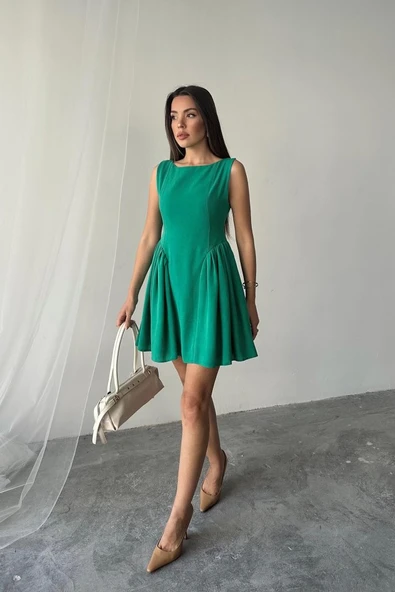 Yeşil Mini Boy Büzgülü Keten Elbise - 2
