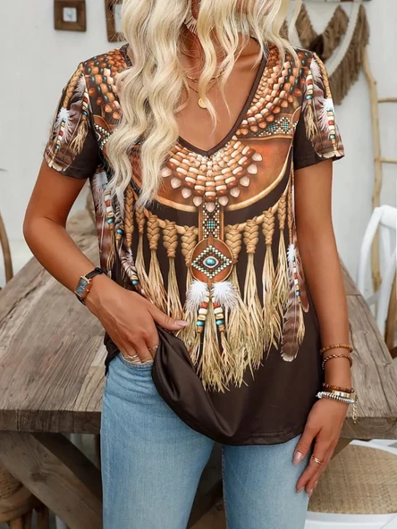 Kadın Kısa Kollu V Yakalı Kısa Kollu Salaş Desenli Süprem Bluz - Resim 3