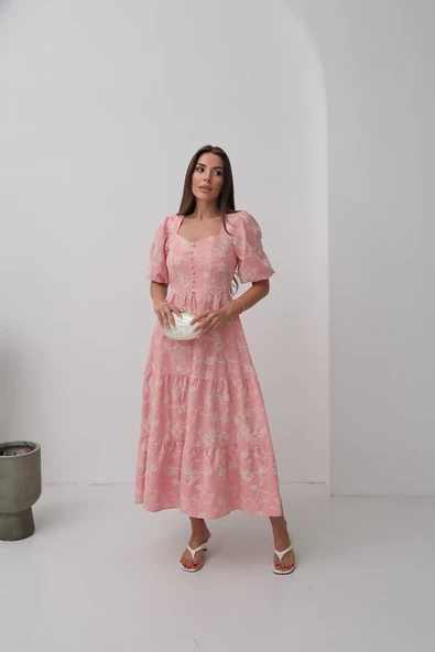 Pembe Süs Düğmeli Balon Kollu Elbise - Resim 2