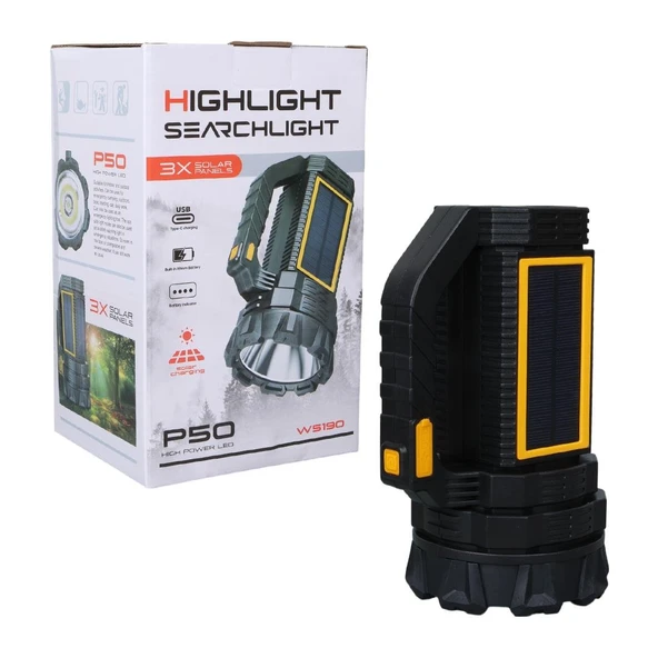 Powermaster W5190 Solar Şarjlı El Feneri Uzun Mesafe Işıldak ürün görseli 1