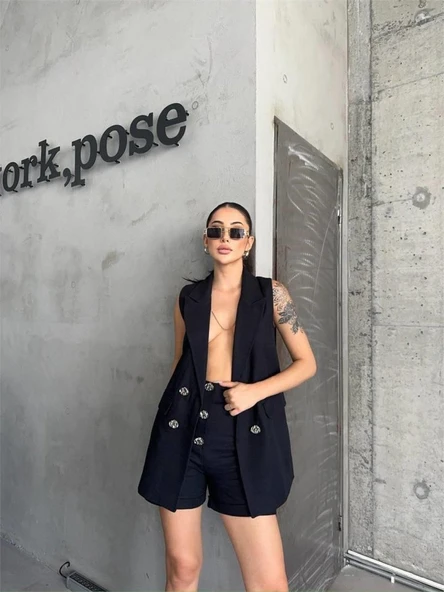 KETEN YELEK - ŞORT TAKIM - Siyah - Resim 4