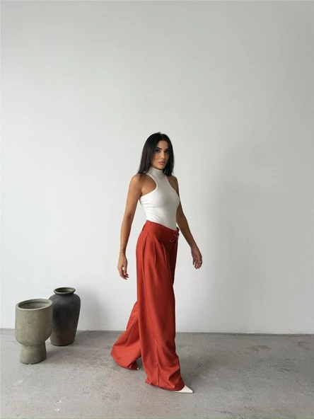 PALAZZO PANTOLON KUMAŞ KEMER DETAYLI - Kiremit - Resim 2