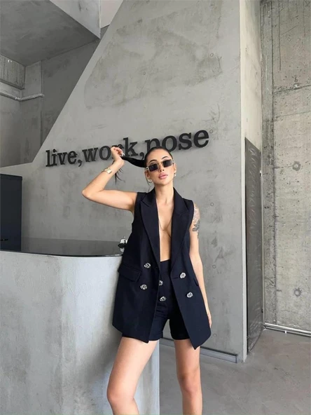 KETEN YELEK - ŞORT TAKIM - Siyah - Resim 3