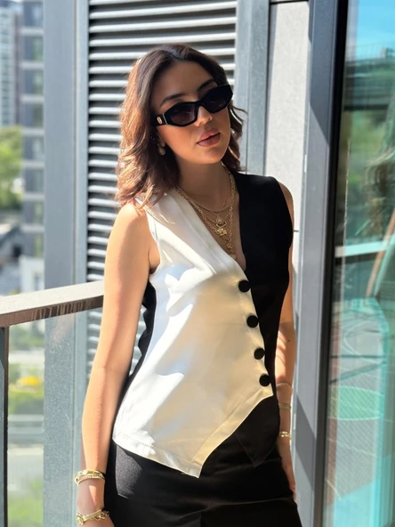 Kadın Sıfır Kol V Yakalı Düğmeli Blok Renkli Atlas Yelek ürün görseli 1