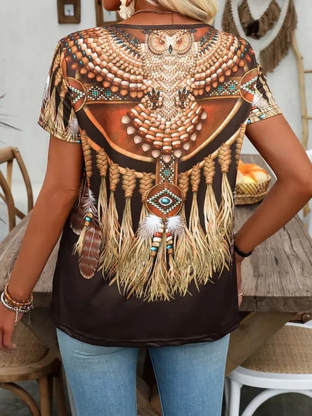 Kadın Kısa Kollu V Yakalı Kısa Kollu Salaş Desenli Süprem Bluz - Resim 5