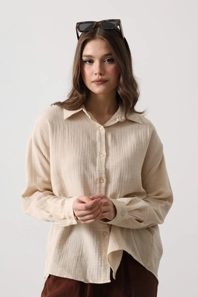 Müslin Uzun Kol Gömlek - Bej - Resim 3