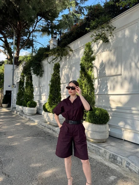 Yakalı Gömlek Kemerli Şortlu Takım - Bordo - Resim 4