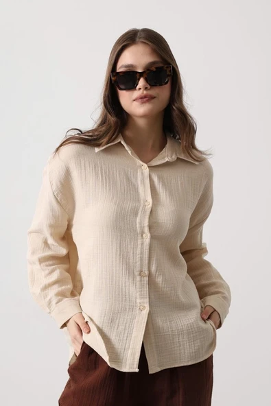 Müslin Uzun Kol Gömlek - Bej - Resim 2