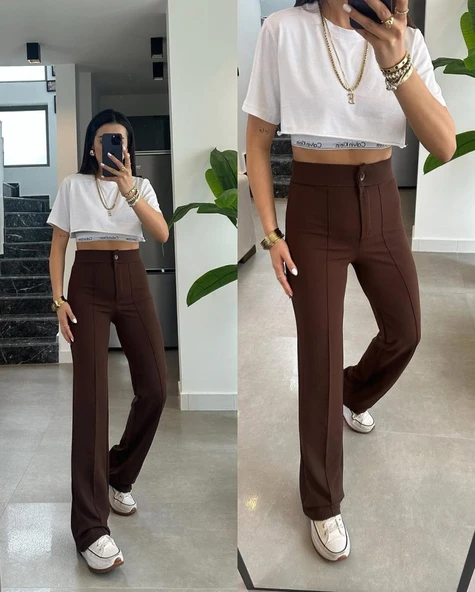 Kadın Yüksek Bel Full Likralı Krep Kumaş Pantolon - Resim 7