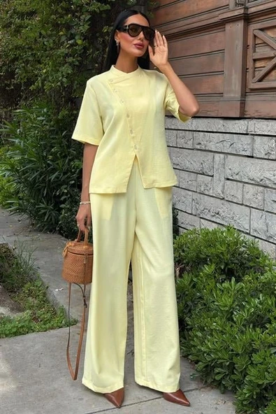 Hakim Yaka Çapraz Düğmeli Plazzo Pantolon Viscon Keten Takım 10209 ürün görseli 1