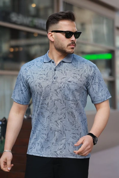 Erkek Yakalı Jakar Baskılı Kısa Kollu T-shirt ürün görseli 1