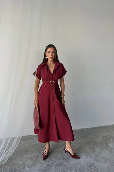 ÖNDEN DÜĞMELİ CRUSHLI MODAL ELBİSE - Bordo - Resim 2