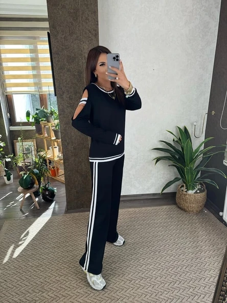 Kadın Iki Iplik Penye Kumaş Kol Detaylı Ribanalı Ikili Takım - Resim 2