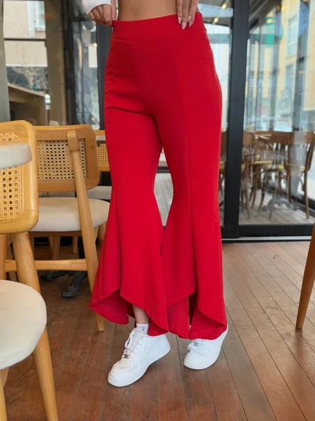 Kadın Yüksek Bel önden Arkaya Uzanan Volanlı Paçalı Janjan Krep Pantolon ürün görseli 1