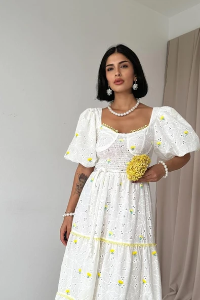 Sarı Dantel Detaylı Brode Elbise - Resim 2