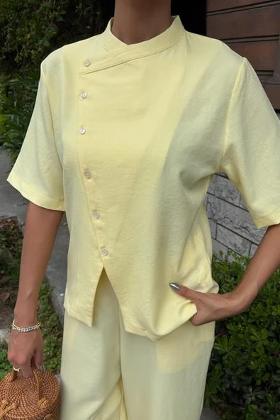 Hakim Yaka Çapraz Düğmeli Plazzo Pantolon Viscon Keten Takım 10209 - Resim 9