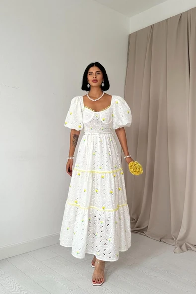 Sarı Dantel Detaylı Brode Elbise ürün görseli 1