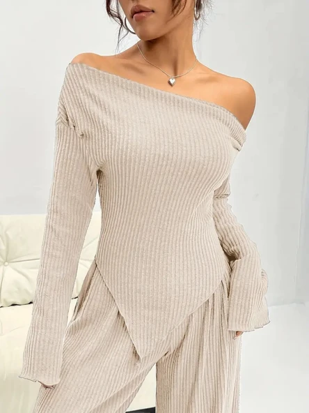 Kadın Uzun Kollu Omuzlardan Açık Asimetrik Kesim Kaşkorse Bluz Ve Pantolon Ikili Pantolon - Resim 7