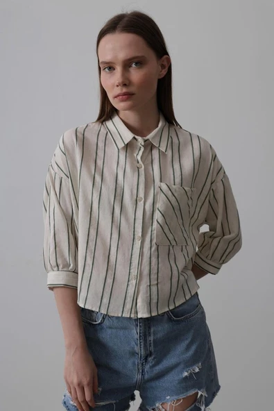 Çizgili Kısa Gömlek - Bej-Yeşil - Resim 3