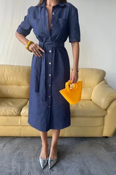 TENCEL ÖNDEN DÜĞMELİ KISA KOL ELBİSE - Mavi - Resim 3