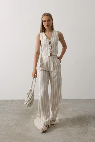 Çizgili Yelek Takım - Beyaz-Taş - Resim 2