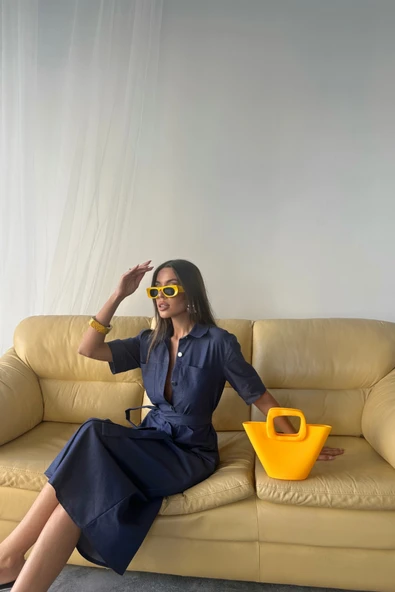 TENCEL ÖNDEN DÜĞMELİ KISA KOL ELBİSE - Mavi - Resim 4