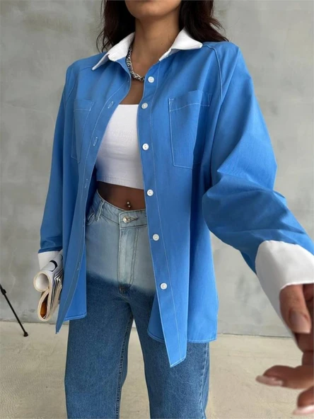 KOL VE MANŞET BEYAZ KAPALI PİLE DETAYLI GÖMLEK - Mavi - Resim 4