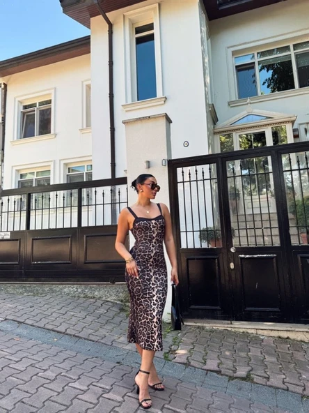 Kadın Dalgıç Kumaş Dijital Leopar Baskılı Midi Boy Elbise - Resim 8