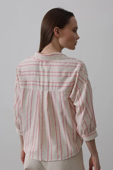 Çizgili Kısa Gömlek - Bej Pembe - Resim 4