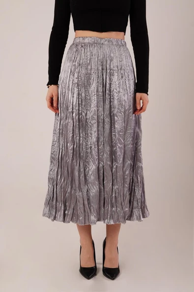 Midi Boy Pileli Saten Gri Etek - 4