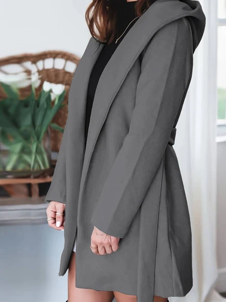 Kadın Uzun Kollu Belden Kuşaklı Kapşonlu Kısa Kaşe Kaban - 3