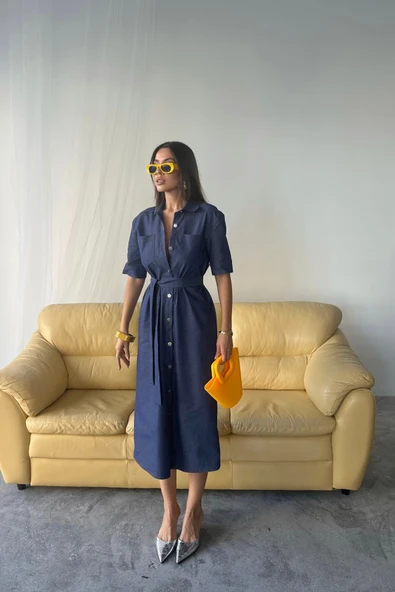 TENCEL ÖNDEN DÜĞMELİ KISA KOL ELBİSE - Mavi ürün görseli 1