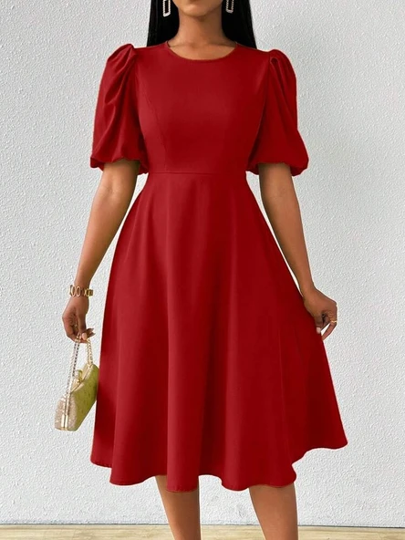 Kadın Kısa Balon Kollu Bisiklet Yaka Kiloş Janjan Krep Elbise - Resim 4