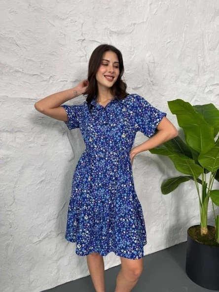 Baskılı Keten Elbise - Lacivert-Beyaz ürün görseli 1